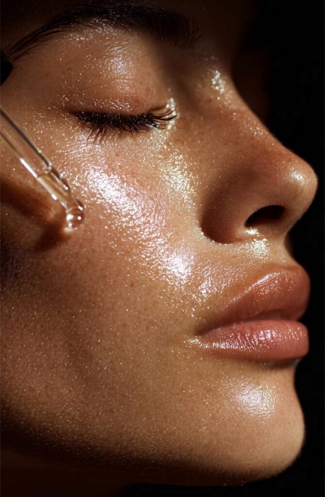 Dropper applies clear serum to a woman’s cheek as she rests with her eyes closed.